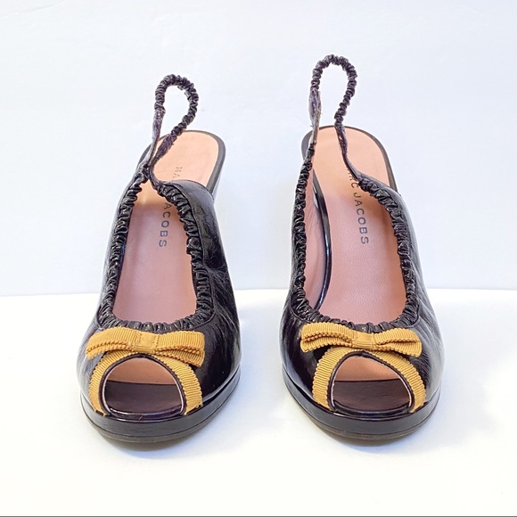 Marc Jacobs purple patent leather yellow gold bow peep toe slingback chunky heel - Picture 3 of 11